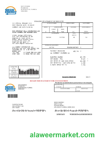 USA Florida Seco Energy business utility bill template in Word and PDF formats